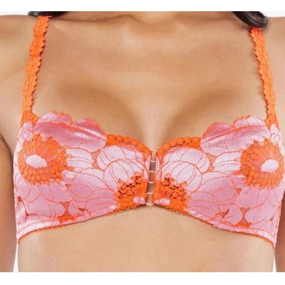 Savage X‎ Fenty Poppies Floral Lace Bralette Orange Pink Unlined Bra XL